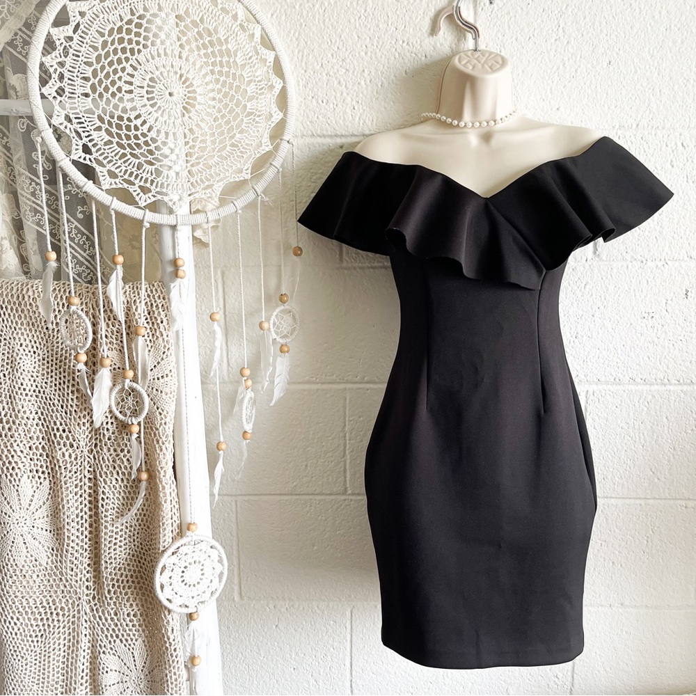 Guess Black V-Neck Ruffle Off Shoulder Mini Dress